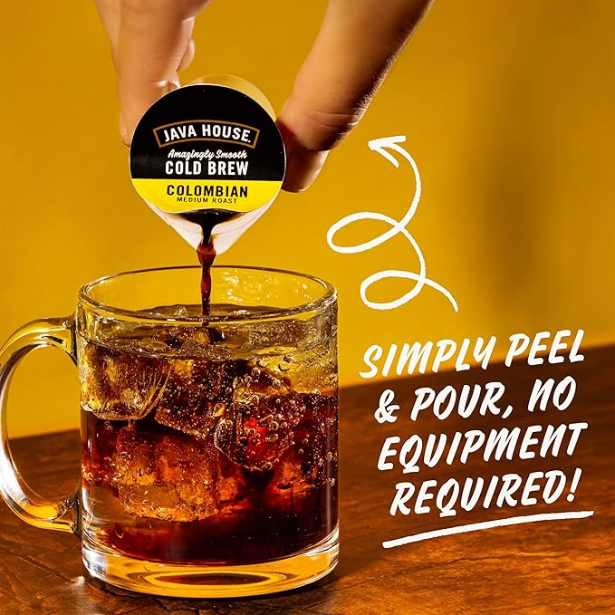 JAVA HOUSE Medium Roast Colombian Cold Brew Capsules, 1.35 Fluid Ounces (48 Count) Peel and Pour, TSA Approved, Travel Friendly Cold Brew, Hot or Iced, Instant Coffee Concentrate