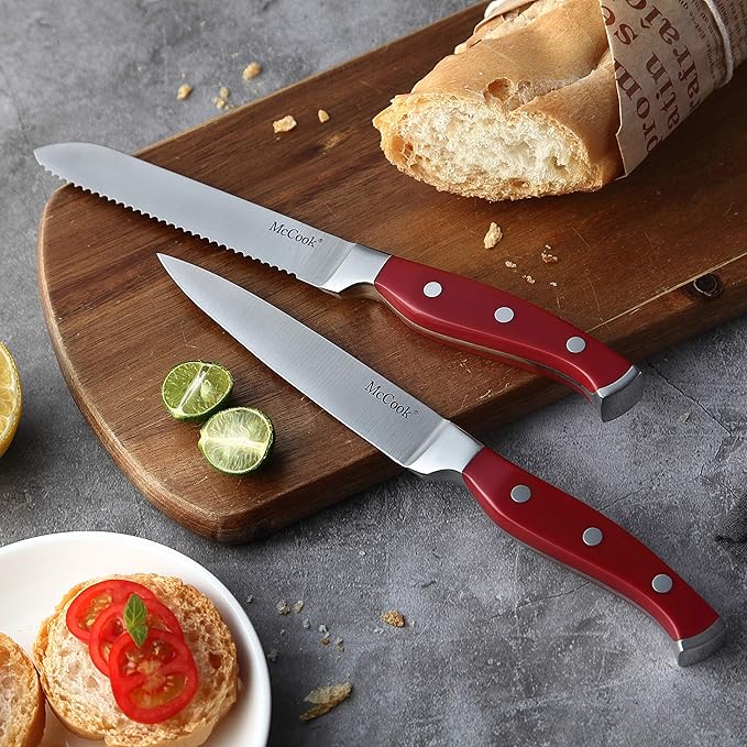 McCook Knife Set Red Kitchen Knife Block Set w Built-in Sharpener