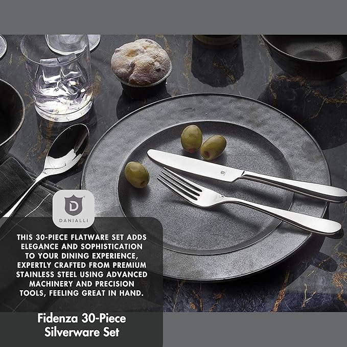 Danialli Silverware Set for 6 – 18/10 Stainless Steel Flatware, Mirror Finish, Dishwasher Safe, Durable and Balanced Utensils, Modern Tableware (30-Piece Set, Fidenza)