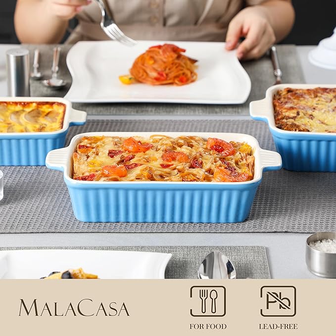 MALACASA Casserole Dishes for Oven, Ceramic Bakeware Set of 4, Blue