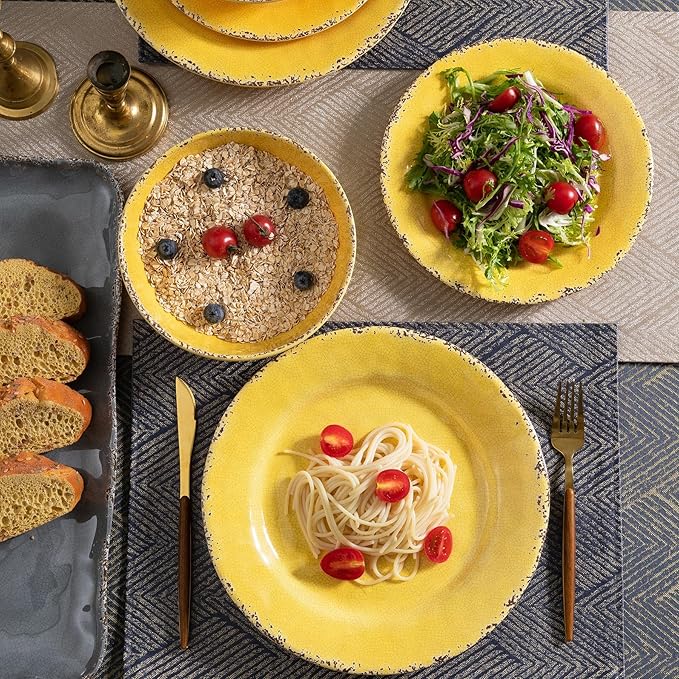 ZAROCRUS Farmhouse Melamine Pasta Bowls Set, 42 OZ Large Salad Bowls Set, 9.25 inch 6 Piece large Soup Bowls,Wide and Shadow Rustic Round Serving bowl, Set of 6 Dinner Bowl,Yellow…