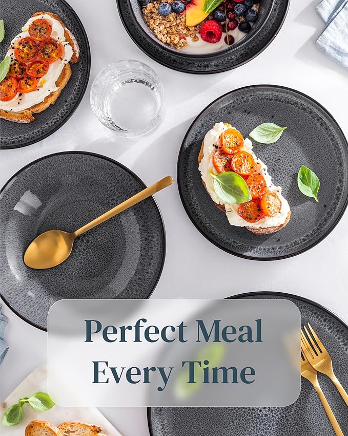 12 Piece Stoneware Dinnerware Set for 4 - Handmade Reactive Glaze Plates and Bowls Set - Chip & Scratch Resistant Dish Set - Dishwasher Microwave Safe - Dark Gray