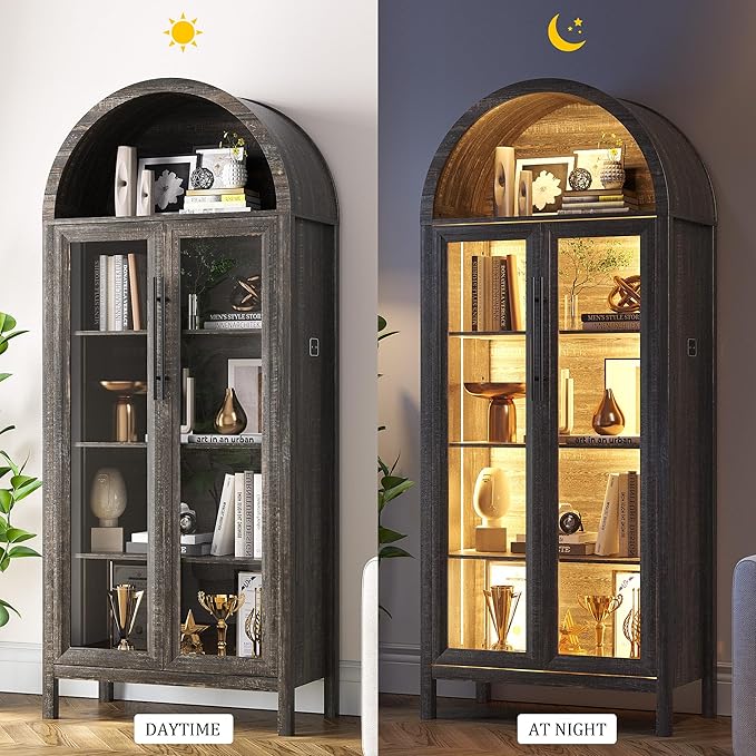 Dystler Arched Kitchen Pantry Cabinet with Glass Doors, Display Curio Case with 3 Color LED Lights for Collectibles, Modern 5-Tier Storage Hutch Cabinet Brown