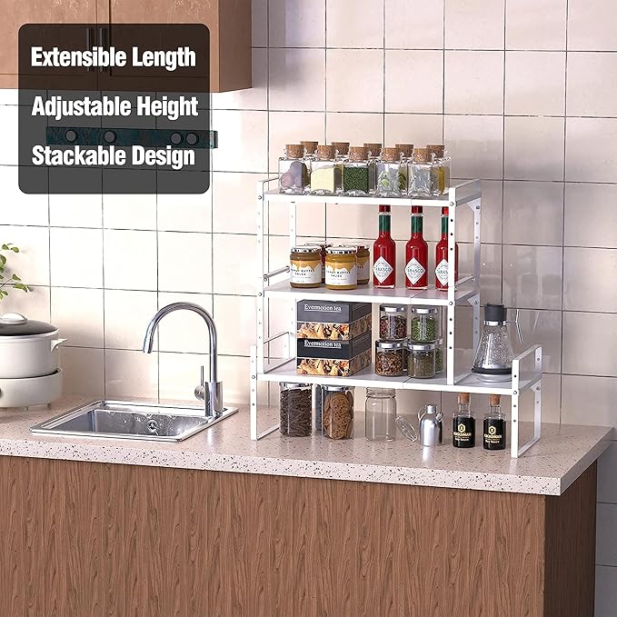 LOCVCDA Expandable Kitchen Cabinet Storage Shelf, Stackable Metal Pantry Storage Shelves Organizer, Adjustable Height Counter Spice Rack for Kitchen Cabinet, Countertop, Pantry and Office