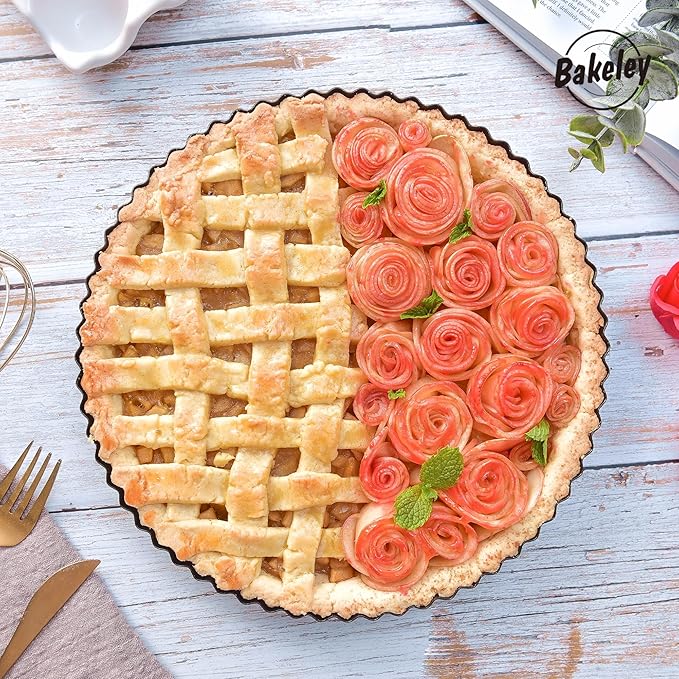 Bakeley 9-Inch Round Tart Pan with Loose Removable Bottom, Non-Stick Carbon Steel Quiche Pan for Oven Baking (Black)