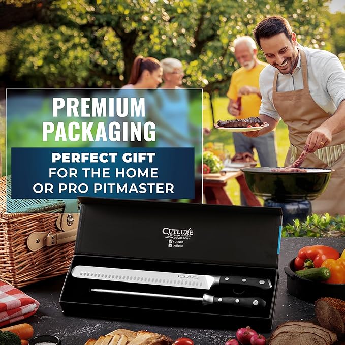 Cutluxe BBQ Carving Set, 12" Brisket Knife & 10" Honing Rod for Meat