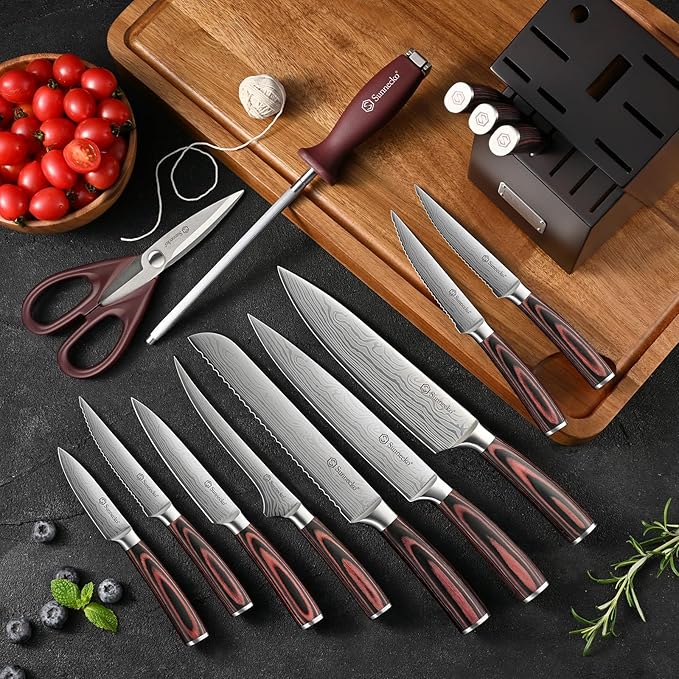 Knife Set with Block and Sharpener, 15 Piece Kitchen Knife Block Set