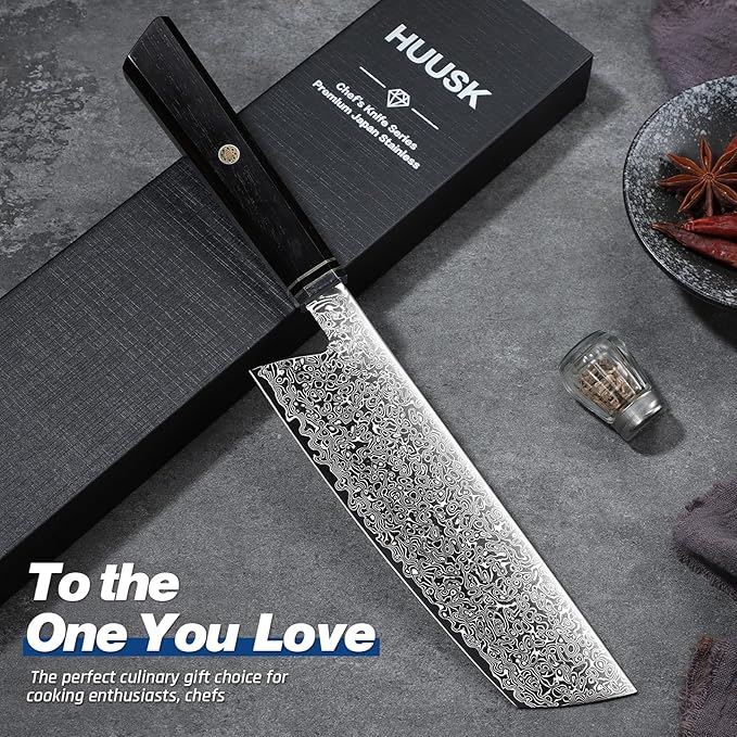 Huusk Damascus Nakiri Knife 7 Inch, Japanese Chopping Chef Knives