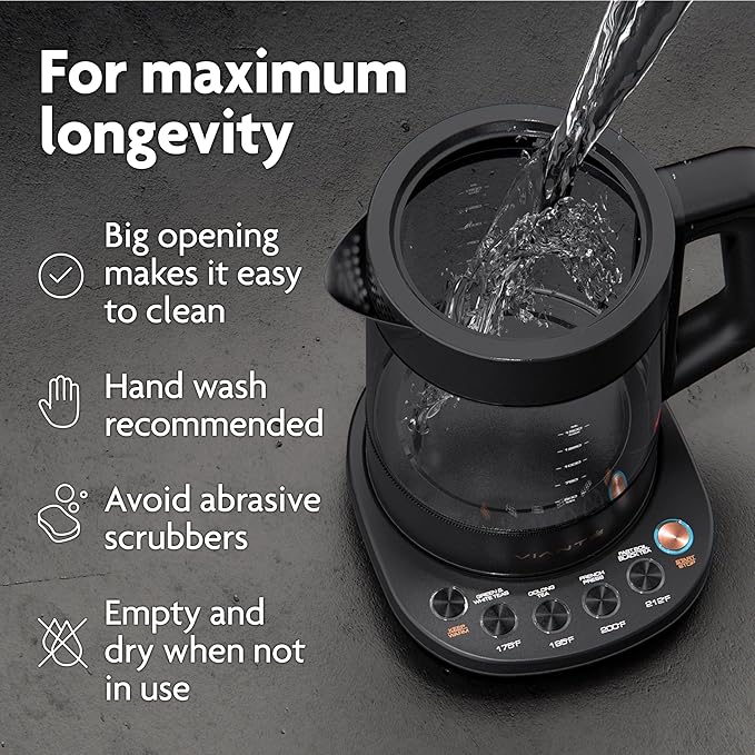 Viante Alba Electric Tea Kettle With Infuser, No Plastic, 1.5L, Black