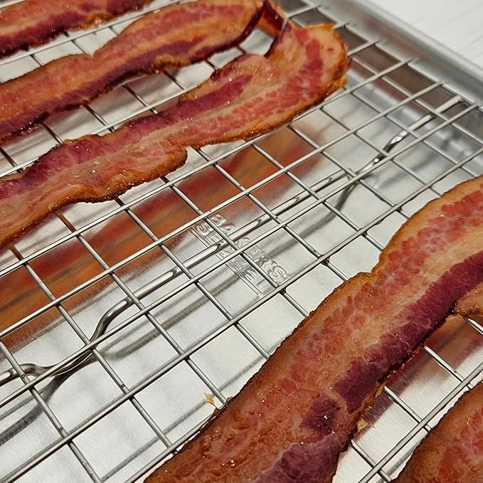 Baker's Secret Non Toxic Bacon Tray for Oven, PTFE, PFAS, PFOA Free, 100% Recycled Aluminum, Bakeware Set Cookie Sheet 18" with Stainless Steel Rack Never Rust - The Natural Aluminum Collection