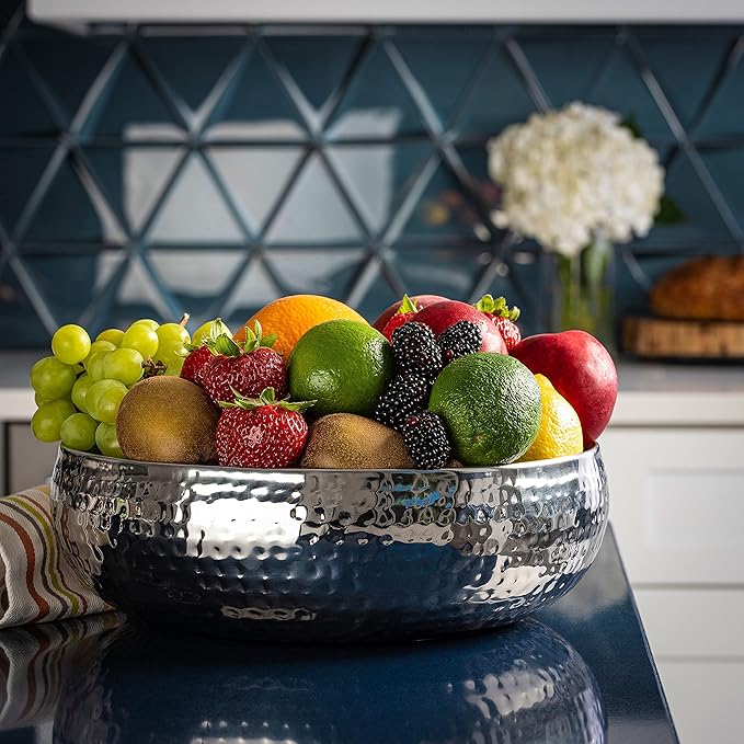 Colleta Home Salad Bowl and Serving Utensils - Hammered Detailing - Stainless Steel Mixing Bowls with Lids- Luxurious Serving Bowls (12" Hammered Salad Bowl)