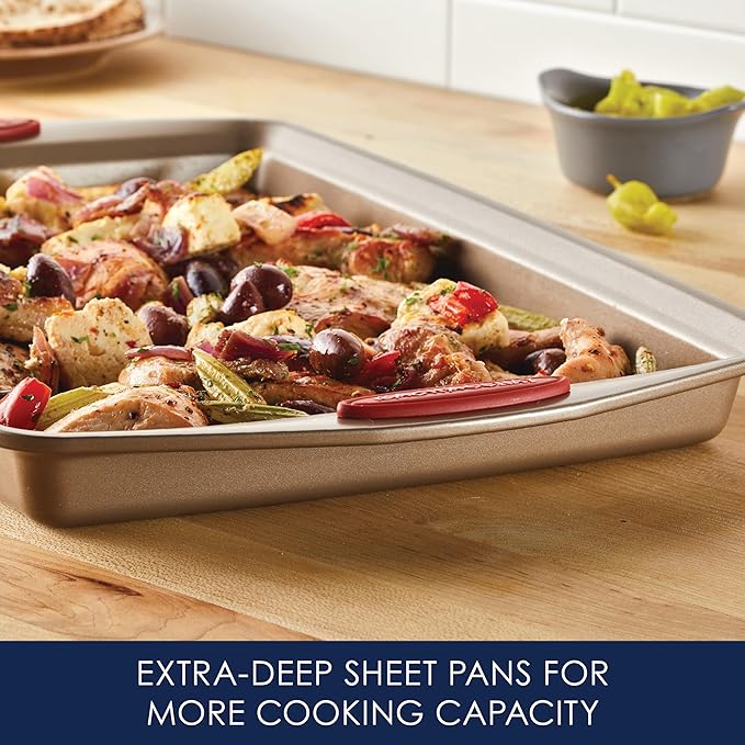 Rachael Ray Cucina Nonstick Bakeware Baking Pans Set, Latte Brown and Cranberry Red, Baking Dishes, 10-Piece