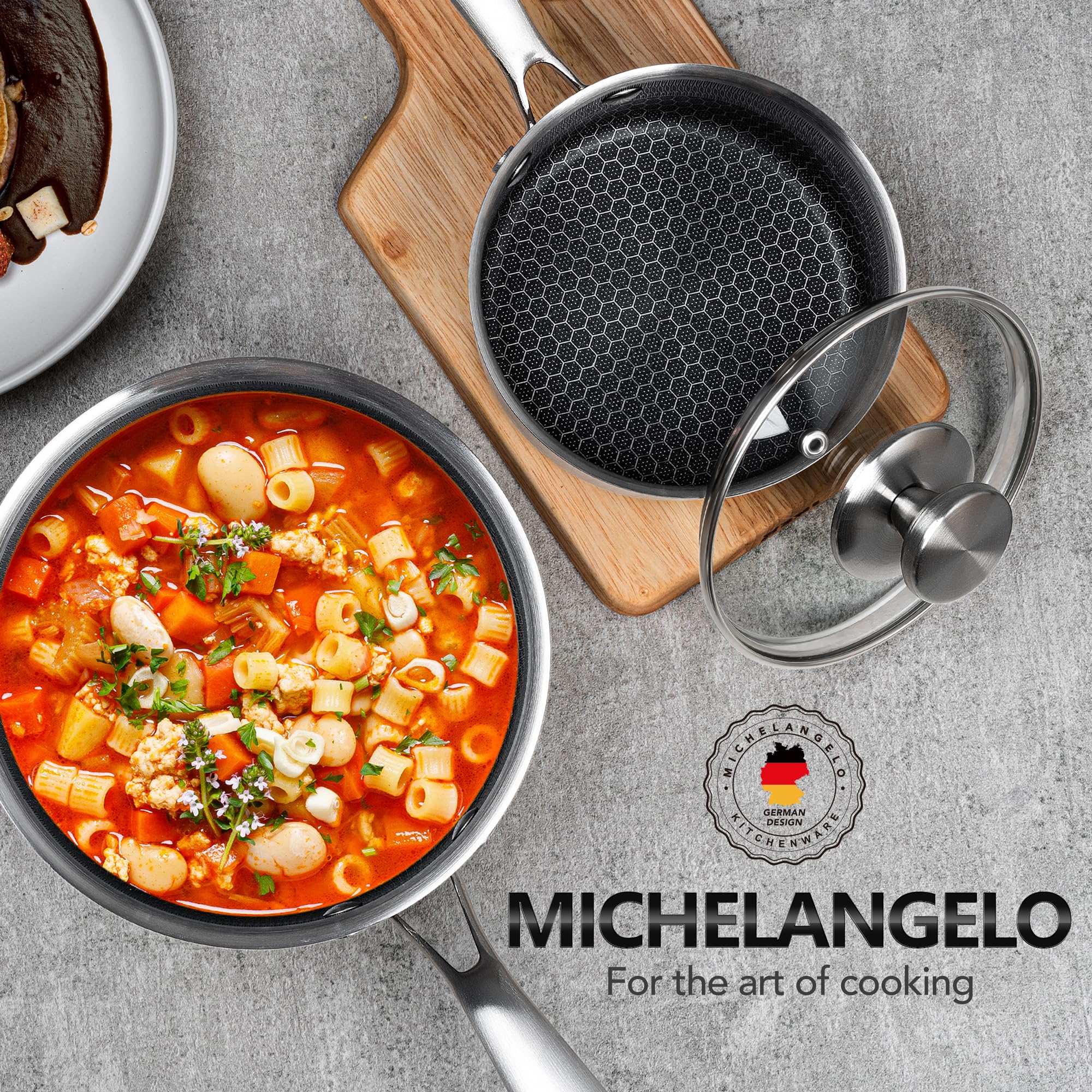 MICHELANGELO Triply Stainless Steel Pot Set, Hybrid Nonstick Saucepan Set with Lids, Induction Compatible Heavy Duty Sauce Pan 1QT & 2QT & 3QT, Honeycomb Interior, Dishwasher Safe Cookware - 6 Piece