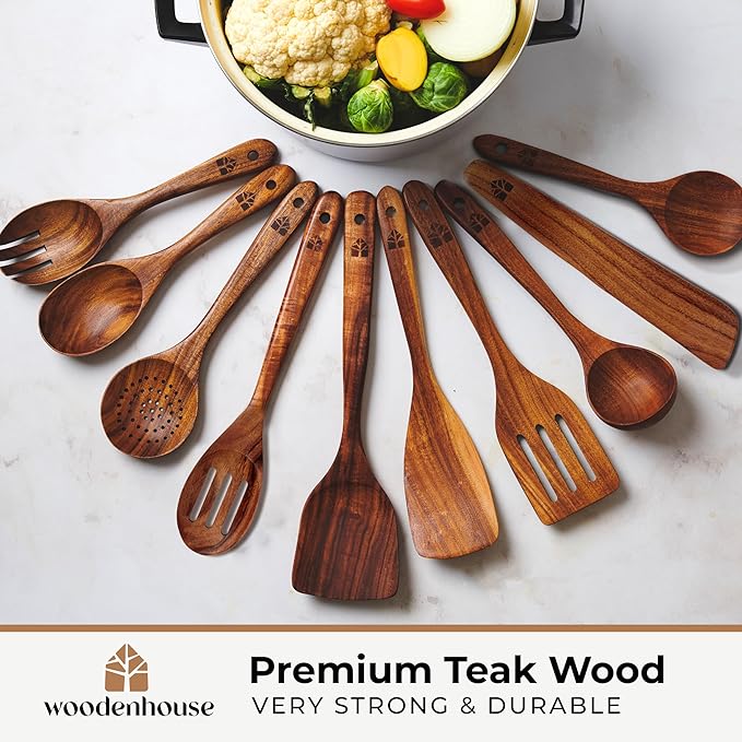 Wooden Spoons for Cooking, 12 Pcs Teak Utensil Set with Holder & Hooks