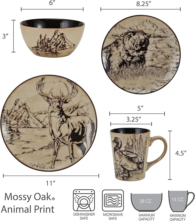 Mossy Oak 16-Piece Stoneware Dinnerware Set, Service for 4 with Dinner Plates, Salad Plates, Bowls and Mugs, Lodge-Style Wildlife Animal Sketch Design, Dishwasher and Microwave Safe