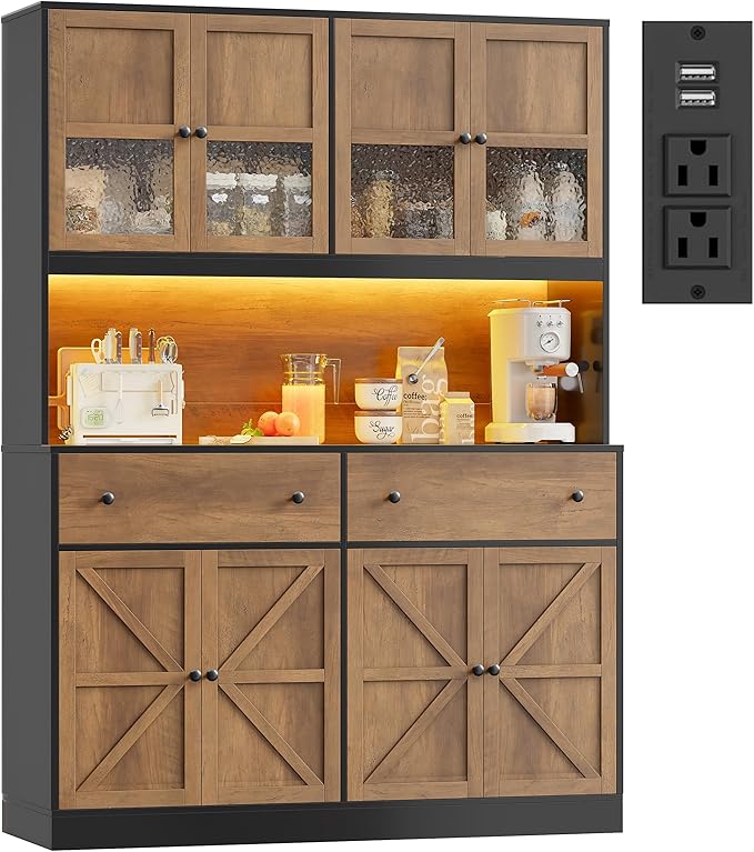 FINETONES 71" Pantry Cabinet with LED Light and Charging Station