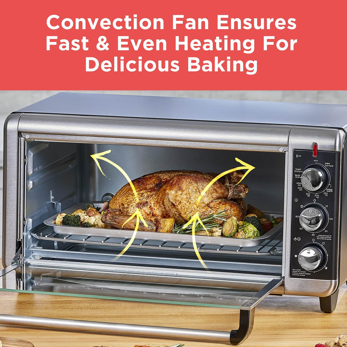 BLACK+DECKER TO3250XSBD 8-Slice Extra Wide Convection Countertop Toaster Oven, Includes Bake Pan, Broil Rack & Toasting Rack, Stainless Steel/Black
