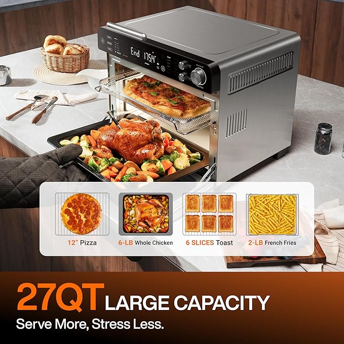 Typhur Sync Oven with Smart AI Wireless Meat Thermometer Probe, 12‑in‑1 Countertop Air Fryer Toaster Oven Combo, 360° Turbo Convection, Dehydrator, Recipe & 5 Accessories, Large 27QT, Stainless Steel