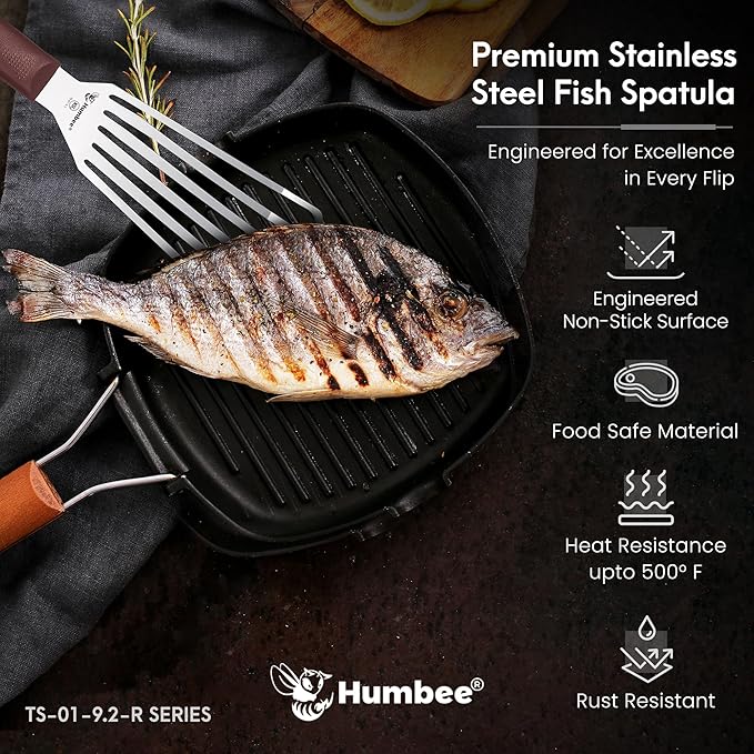 HUMBEE 9 Inches Fish Turner, Slotted Fish Spatula Dishwasher Safe NSF, Shovel Brown