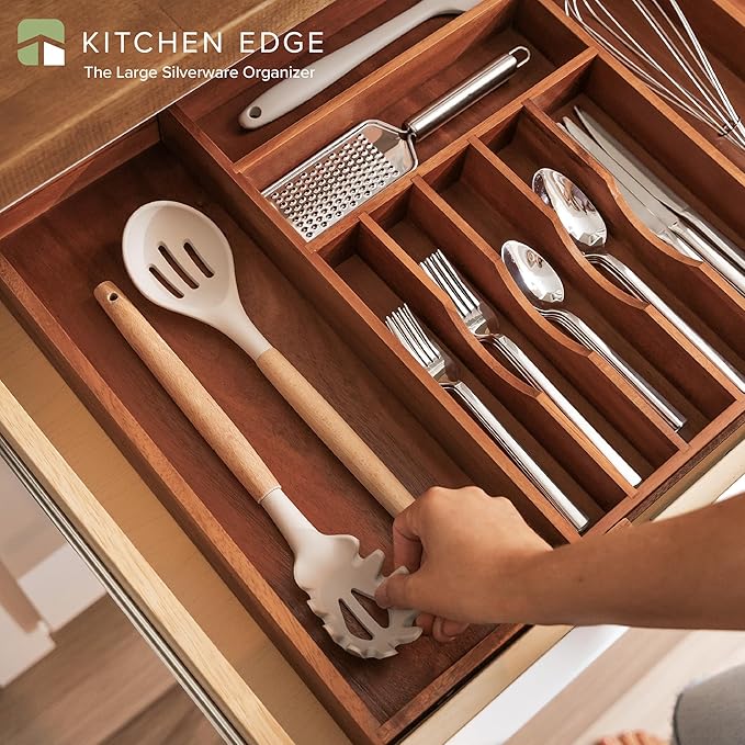 KitchenEdge Silverware & Utensil Drawer Organizer, 16-28 in, Acacia