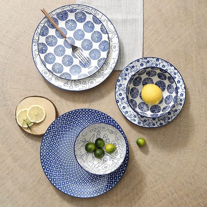 Selamica Ceramic Dinnerware Sets, 12 pcs Plates and Bowls Sets,Vintage Blue