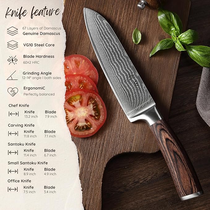 Wakoli EDIB Damascus Knife Set, 5-Piece VG10 Steel Knives, Wooden Gift Box