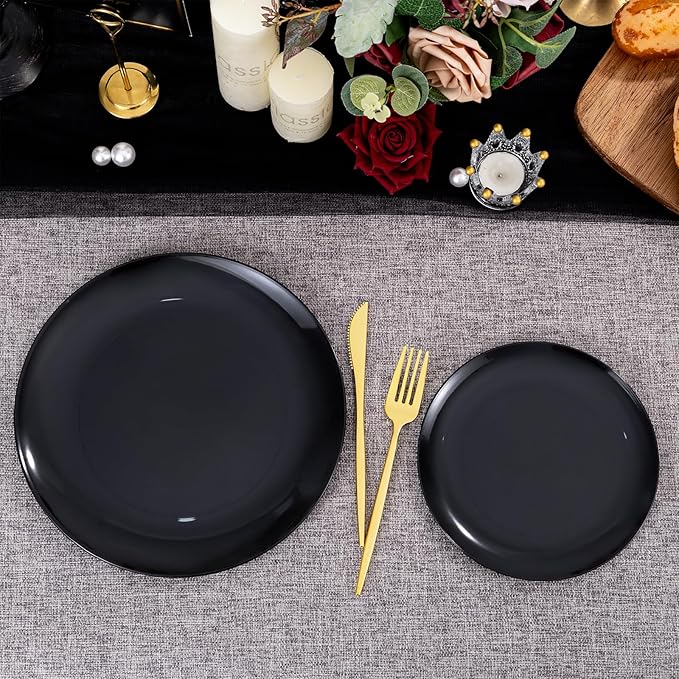 PULOTE 200PCS Black Plastic Plates - Heavy Duty Black Disposable Include 100 Each (10 inch Dinner & 7 inch Dessert) Plates, Disposable for Party, Birthday & Graduation