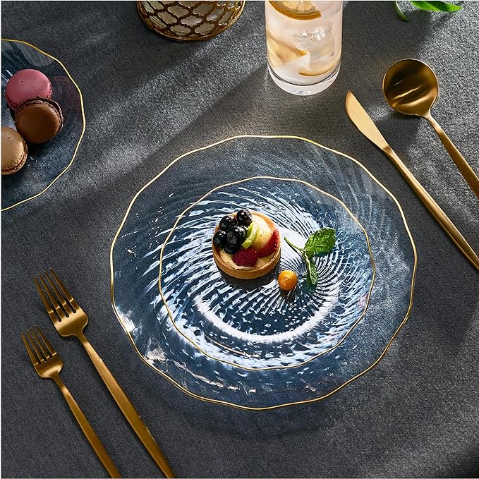 PLASTICPRO 30 Pack Plastic Plates Set of 15-10 inch Plate and 15-7 inch Plates, Elegant Clear Blue Spiral and Gold Rim Disposable Fancy Plate Premium Heavyweight