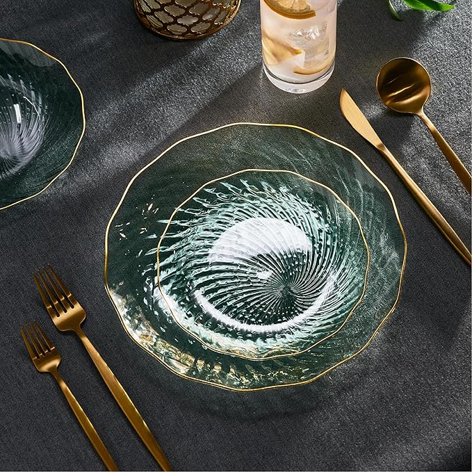 PLASTICPRO 30 Pack Plastic Plate Set of 15-10 inch Plates and 15-7 inch Plates, Elegant Clear Green Spiral and Gold Rim Disposable Fancy Plate Premium Heavyweight