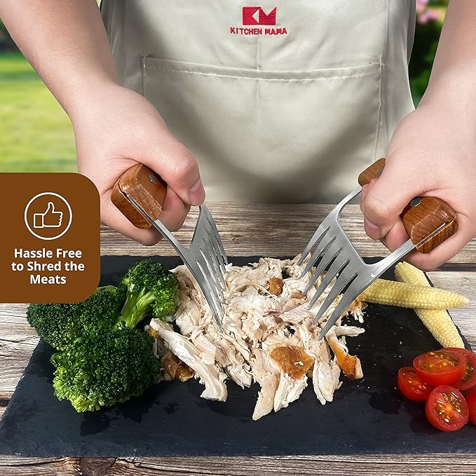 Kitchen Mama Meat Claws, Stainless Steel with Wooden Handle, 1 Pair