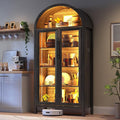 Dystler Arched Kitchen Pantry Cabinet with Glass Doors, Display Curio Case with 3 Color LED Lights for Collectibles, Modern 5-Tier Storage Hutch Cabinet Brown
