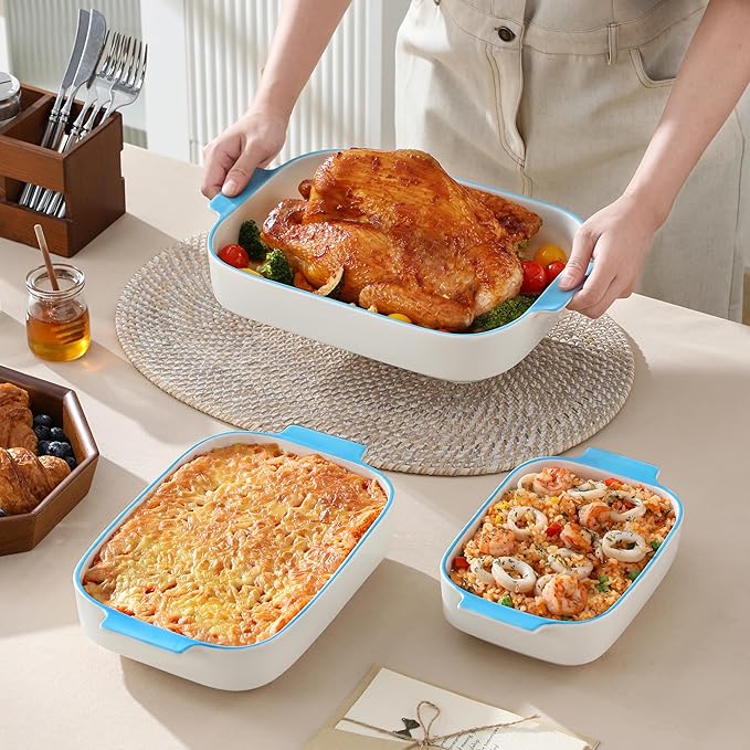 MALACASA Ceramic Baking Dishes Set of 3, Blue Trim Casserole for Oven, 9x13