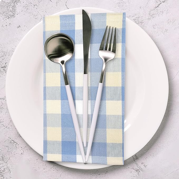 Urban Villa Cloth Napkins Cotton 20x20 (Set of 12) Blue Sand Checks
