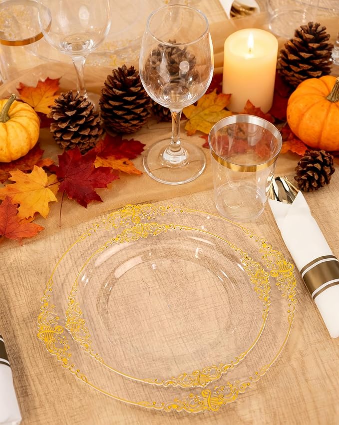 Nervure 350Pcs Clear Gold Plastic Plates, Dinnerware Sets for 50 Guests
