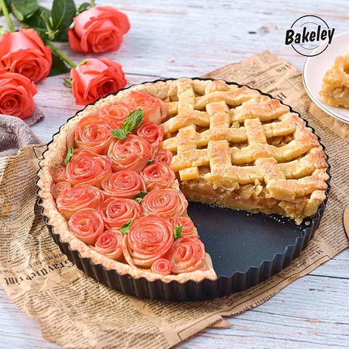 Bakeley 9-Inch Round Tart Pan with Loose Removable Bottom, Non-Stick Carbon Steel Quiche Pan for Oven Baking (Black)