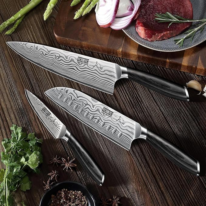HOSHANHO 3 Pcs Knife Set, Professional Kitchen Knife Set, Pakkawood Handle