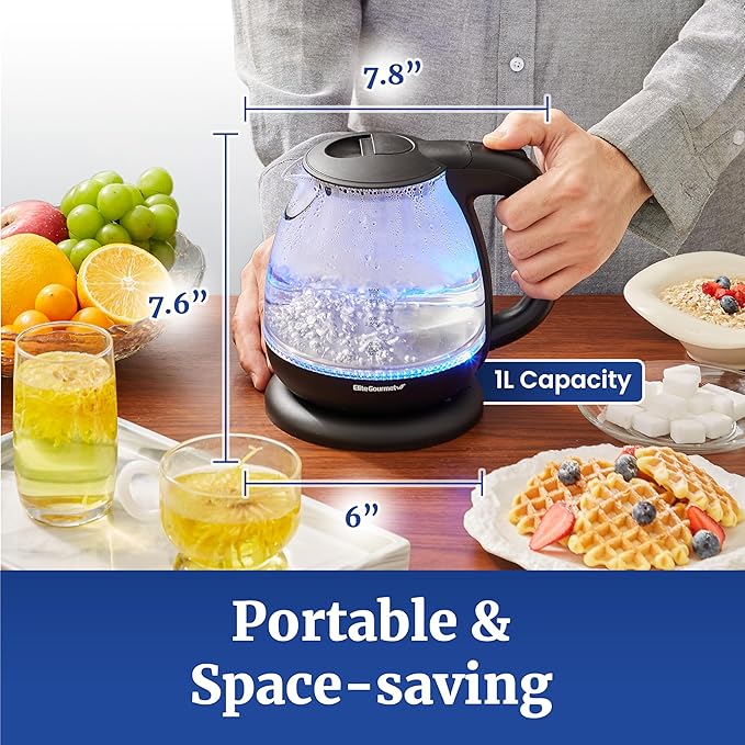Elite Gourmet EKT1001B 1.0L Electric Glass Kettle, 1100W, Graphite Black