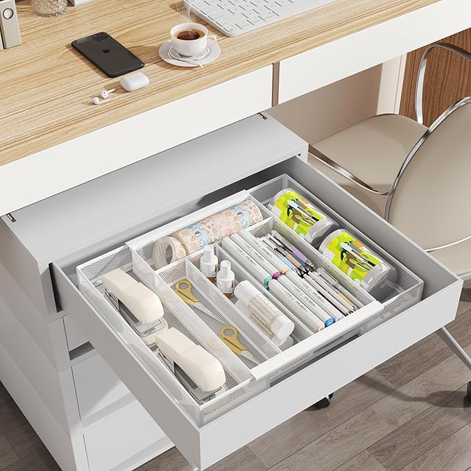 Sedegn Expandable Kitchen Utensil Organizer - 9.6" to 16.1" Adjustable Cutlery Tray with 5-7 Compartments - Fits Various Drawer Sizes & Holds Large Ladles Spatulas Forks Spoons & Knives White