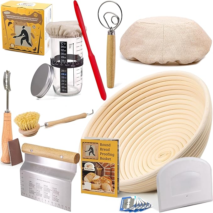 Sourdough Starter Kit for Beginners – 9” Banneton Bread Proofing Basket with 24oz Glass Sourdough Starter Jar & Sourdough Bread Baking Supplies, Easy No-Fail Kit, Gift for Home Bakers
