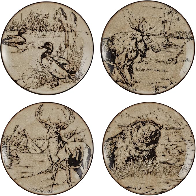 Mossy Oak 16-Piece Stoneware Dinnerware Set, Service for 4 with Dinner Plates, Salad Plates, Bowls and Mugs, Lodge-Style Wildlife Animal Sketch Design, Dishwasher and Microwave Safe