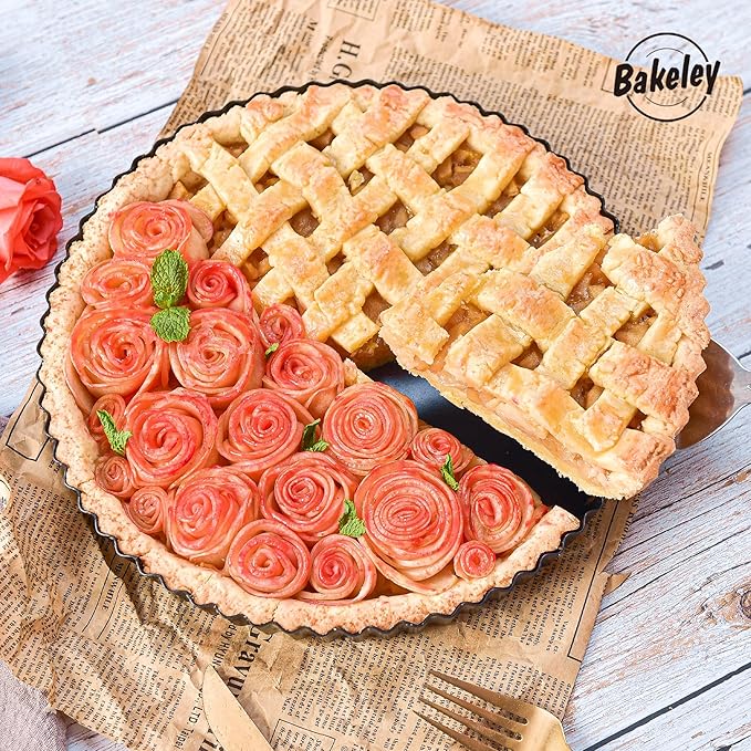 Bakeley 10-Inch Round Tart Pan with Loose Removable Bottom, Non-Stick Carbon Steel Quiche Pan for Oven Baking (Black)