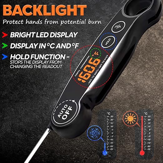 Instant Read Food Thermometer Rechargeable Meat Thermometer Digital Kitchen Thermometer - Fast & Accurate Food Thermometer for Cooking, Grill Thermometer, Birthday Gift for Husband, Dad, Men