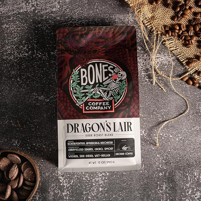 Bones Coffee Company Dragon's Lair - Dark Roast Coffee - Whole Bean - Low-Acid Arabica Coffee Beans - South/Central America and Indonesia Grown - Unflavored - 12 Oz