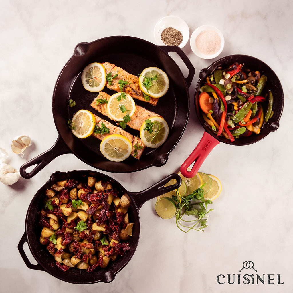 Cuisinel Cast Iron Skillet Set - 8" + 10" + 12"-Inch Pre-Seasoned Frying Pans + Silicone Handle Grip Covers - Indoor/Outdoor, Oven, Grill, Stove, BBQ, Fire, Induction Safe Kitchen and Camping Cookware
