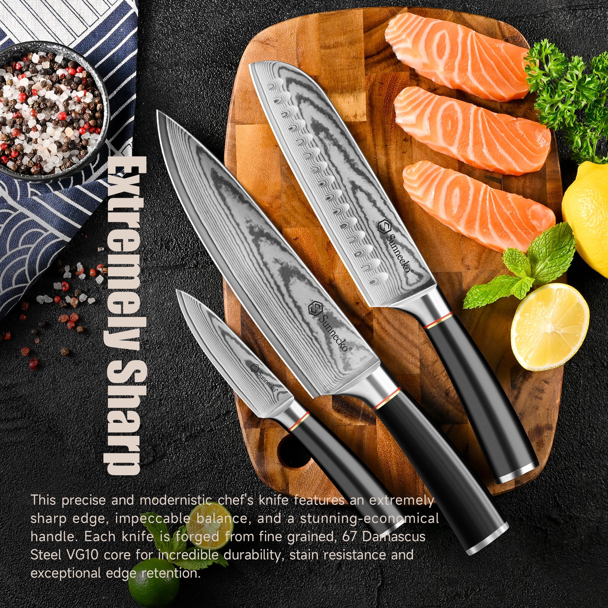 Sunnecko Damascus Knives Set,Japanese VG10 Core Steel Damascus 3PCS Chef Knife Set,Professional Razor Sharp Kitchen Knives Set with Knife Sharpner