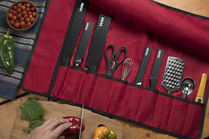 Asaya Waxed Canvas Chef Knife Roll Bag with 10 Slots and a Zipper Pocket - Professional Chef Knife Bag & Storage Case, with Shoulder Strap - Knives Not Included (Red)