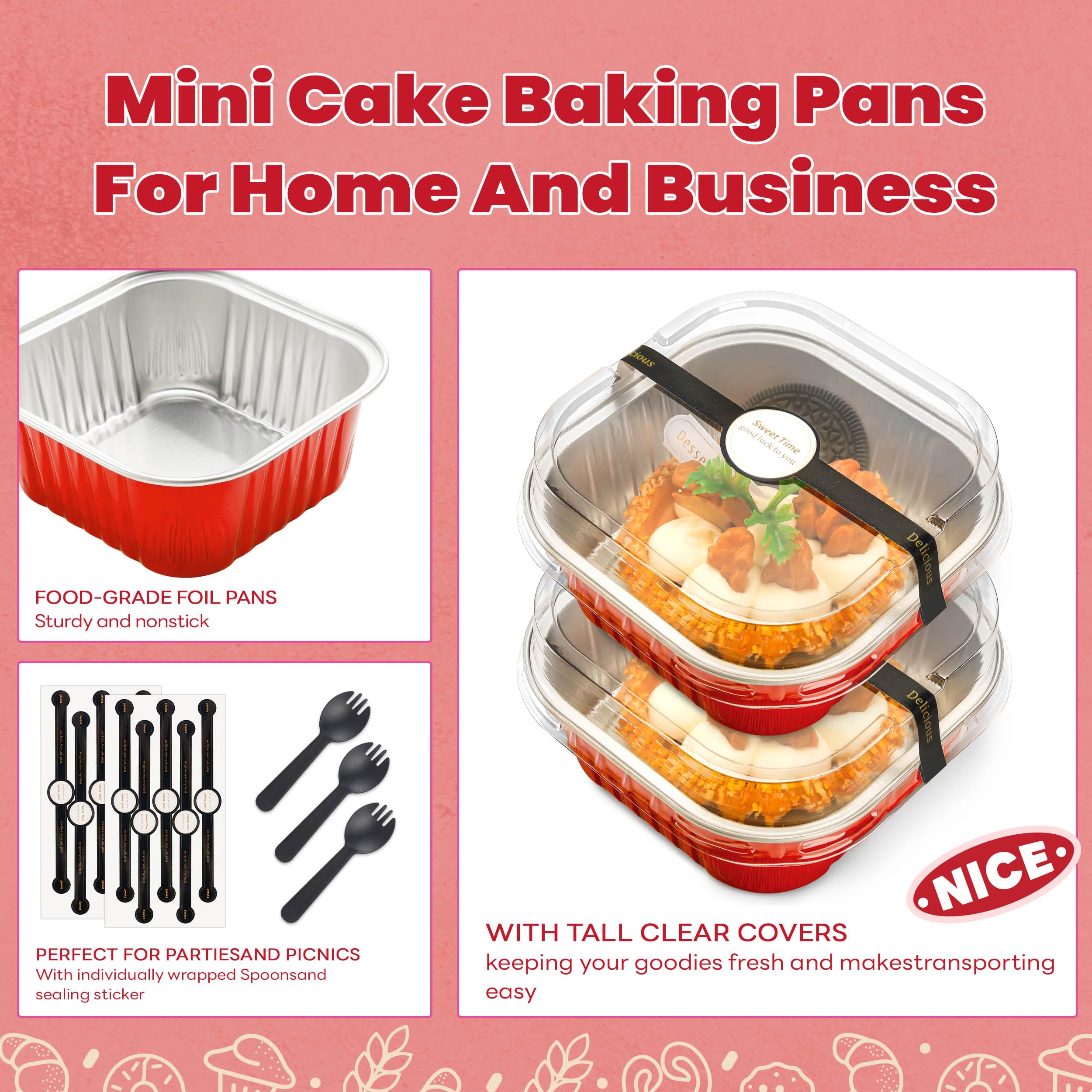 NPLUX Square Cake Pans with Lids, 50 Pack Red 10oz for Seasonal Baking