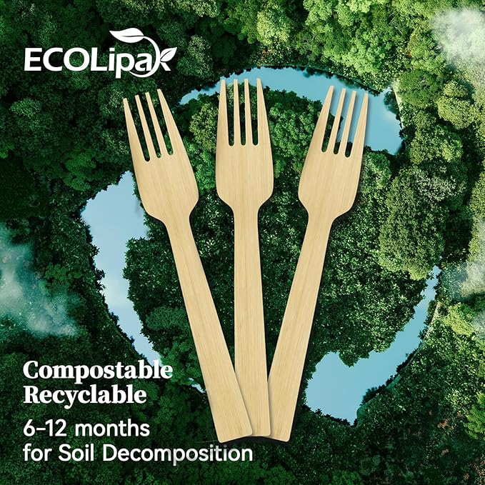 ECOLipak 300 Count Disposable Compostable Bamboo Forks for Party, Dinner