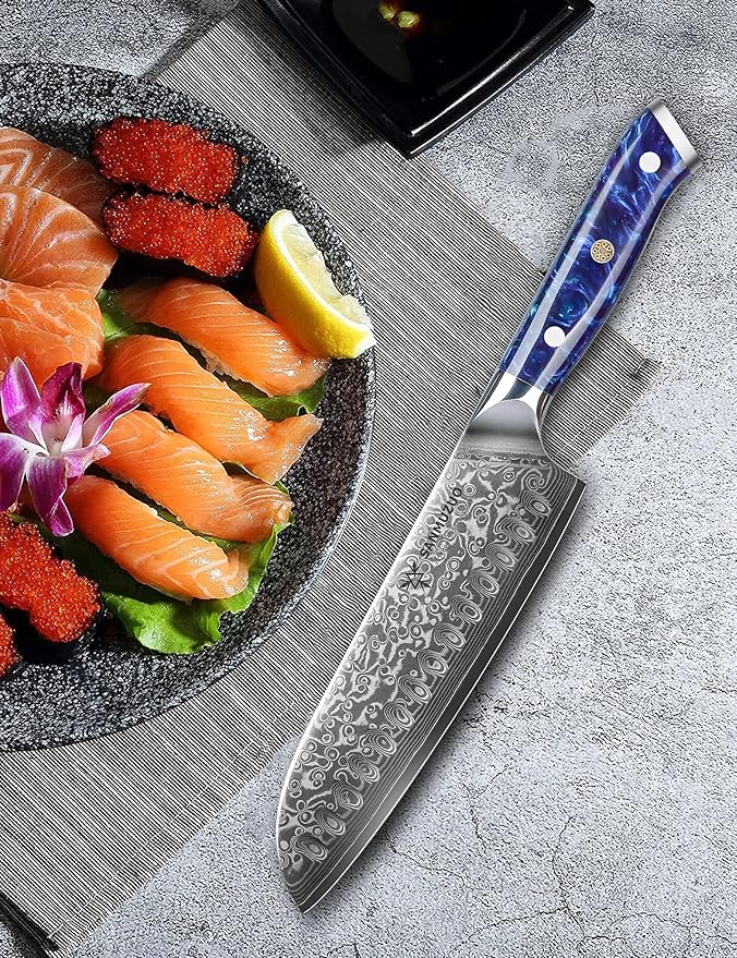 SANMUZUO Santoku Knife - 7 inch - Xuan Series - VG10 Damascus Steel Kitchen Knife - Resin Handle (Sapphire Blue)