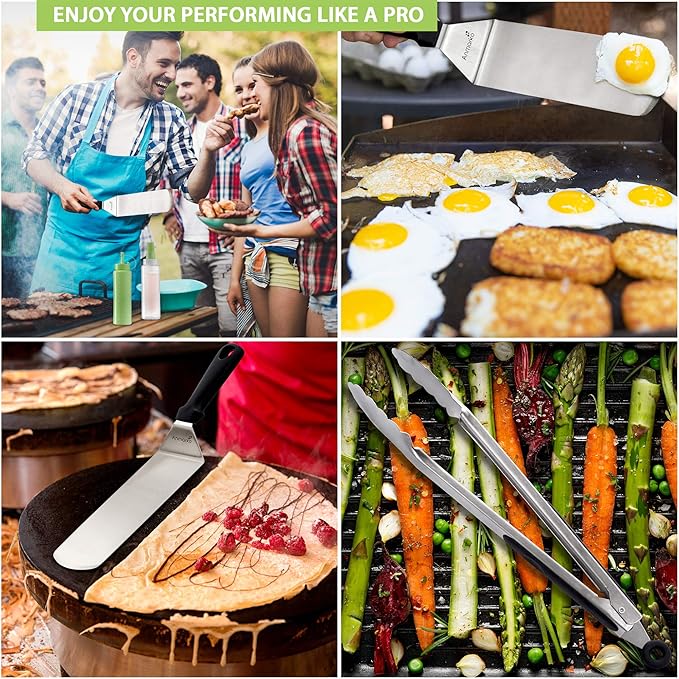 Metal Spatula and Scraper Set - Griddle Accessories kit - Grill Tongs Flat Spatula Pancake Flipper Hamburger Turner Squeeze bottles Set - Metal Utensil Great for BBQ Grill Flat Top Cast Iron